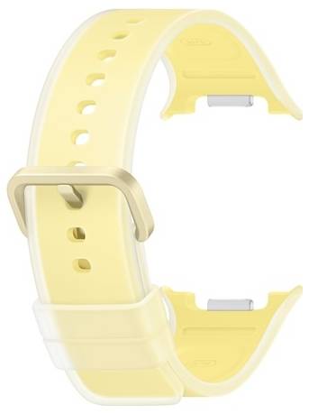 Bracelet de montre connectée en silicone jaune avec boucle et fermoir translucides, présenté isolé sur fond blanc.