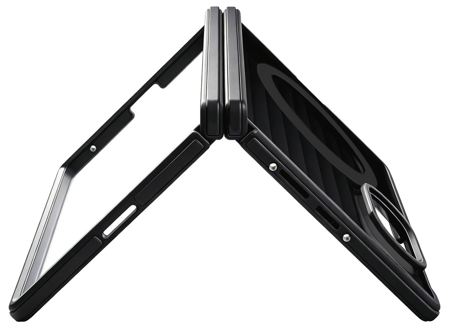 Support de tablette ou d'ordinateur portable pliable noir présenté ouvert en forme de V sur un fond blanc.
