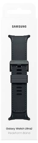 Montre Samsung Galaxy Watch Ultra2 avec bracelet PeakForm présenté sur l'emballage de vente au détail, avec un bracelet de montre noir ajustable centré sur une boîte blanche.