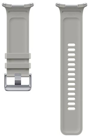 Bracelet de montre intelligente en silicone gris montré de face et de dos, avec boucle métallique et plusieurs trous d'ajustement.