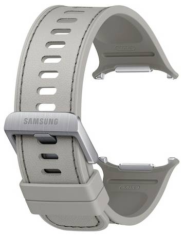 Bracelet de montre intelligente Samsung gris avec sangle perforée et fermoir à boucle, présenté ouvert sur fond blanc.