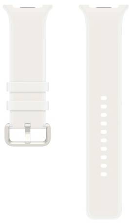 Bracelet de montre intelligente beige clair montré de face et de dos, avec boucle métallique et trous d'ajustement.