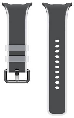 Bracelet de montre en silicone gris présenté de face et de dos, avec boucle métallique et plusieurs trous d'ajustement.