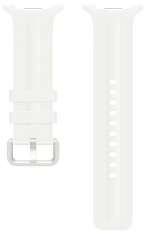 Bracelet de montre en silicone blanc avec boucle argentée présenté en vue de face et de profil sur un fond uni