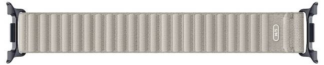 Bracelet de montre tissé beige avec connecteurs noirs, présenté horizontalement sur un fond blanc.