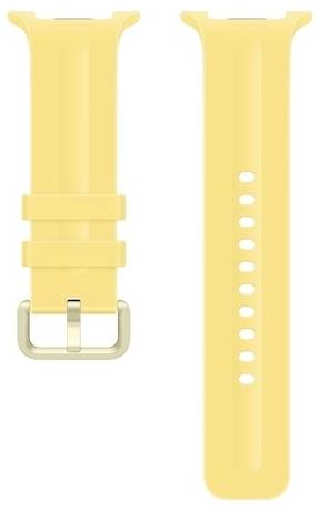 Bracelet de montre jaune avec boucle montré de face et de dos, présentant plusieurs trous de réglage de taille.