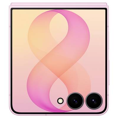 Smartphone pliable rose montré fermé, avec grand écran de couverture et double capteurs arrière plus flash au dos.