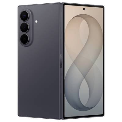 Smartphone pliable montré ouvert, avec un dos gris foncé doté de trois caméras arrière et un grand écran intérieur affichant un fond d'écran abstrait doux.