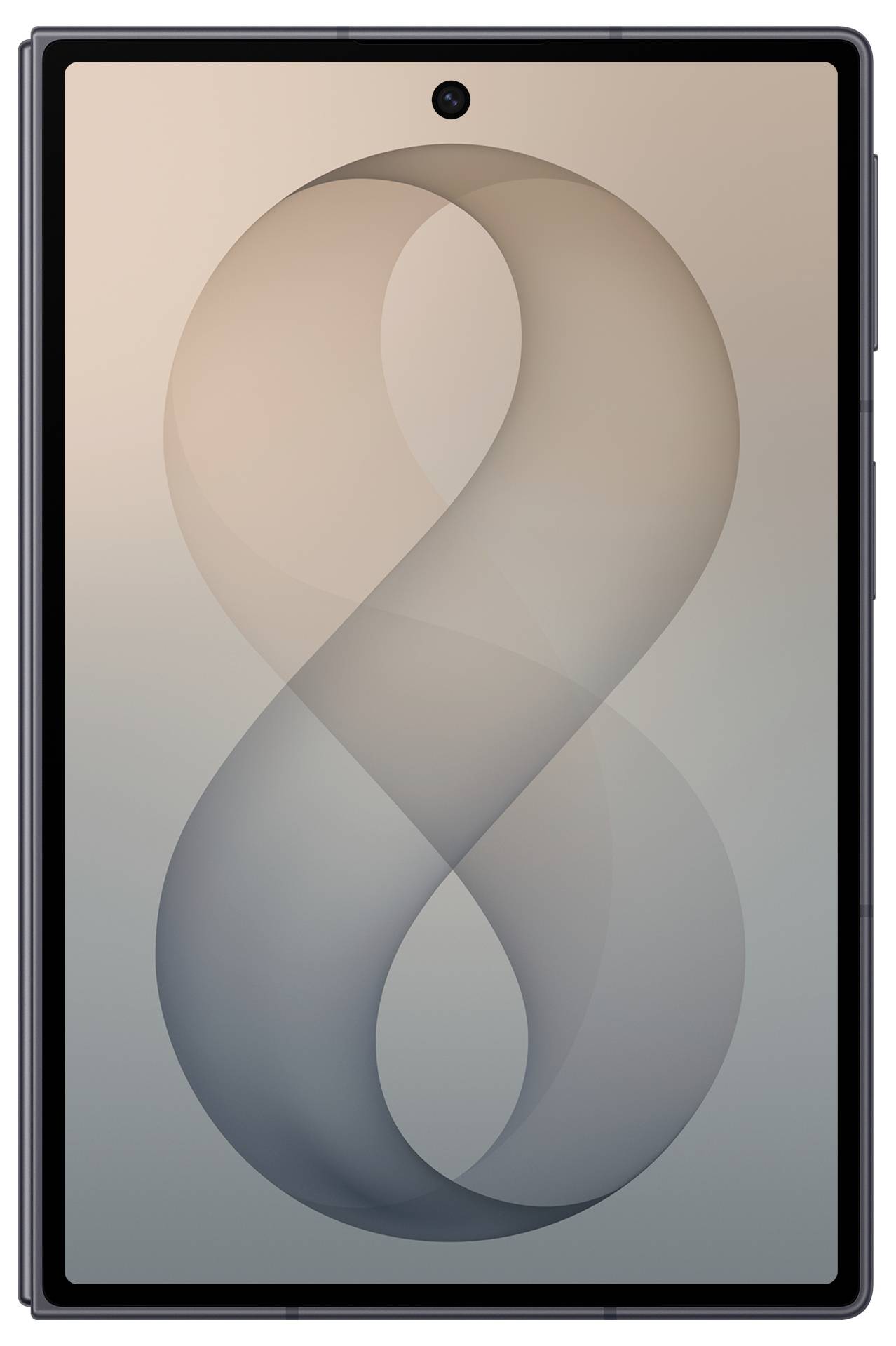 Un appareil tablette avec une caméra frontale centrée affiche un papier peint abstrait beige et gris en boucle sur l'écran.