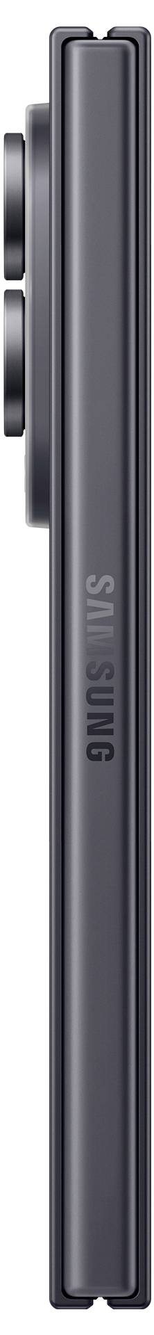Vue latérale d'un téléphone Samsung noir et élancé montrant son bloc de caméra surélevé et son bord texturé, avec l'image de marque Samsung sur le cadre.