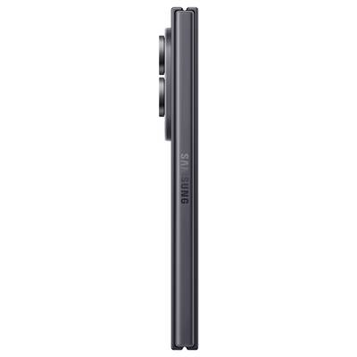 Vue latérale d'un téléphone Samsung noir et élancé montrant son bloc de caméra surélevé et son bord texturé, avec l'image de marque Samsung sur le cadre.
