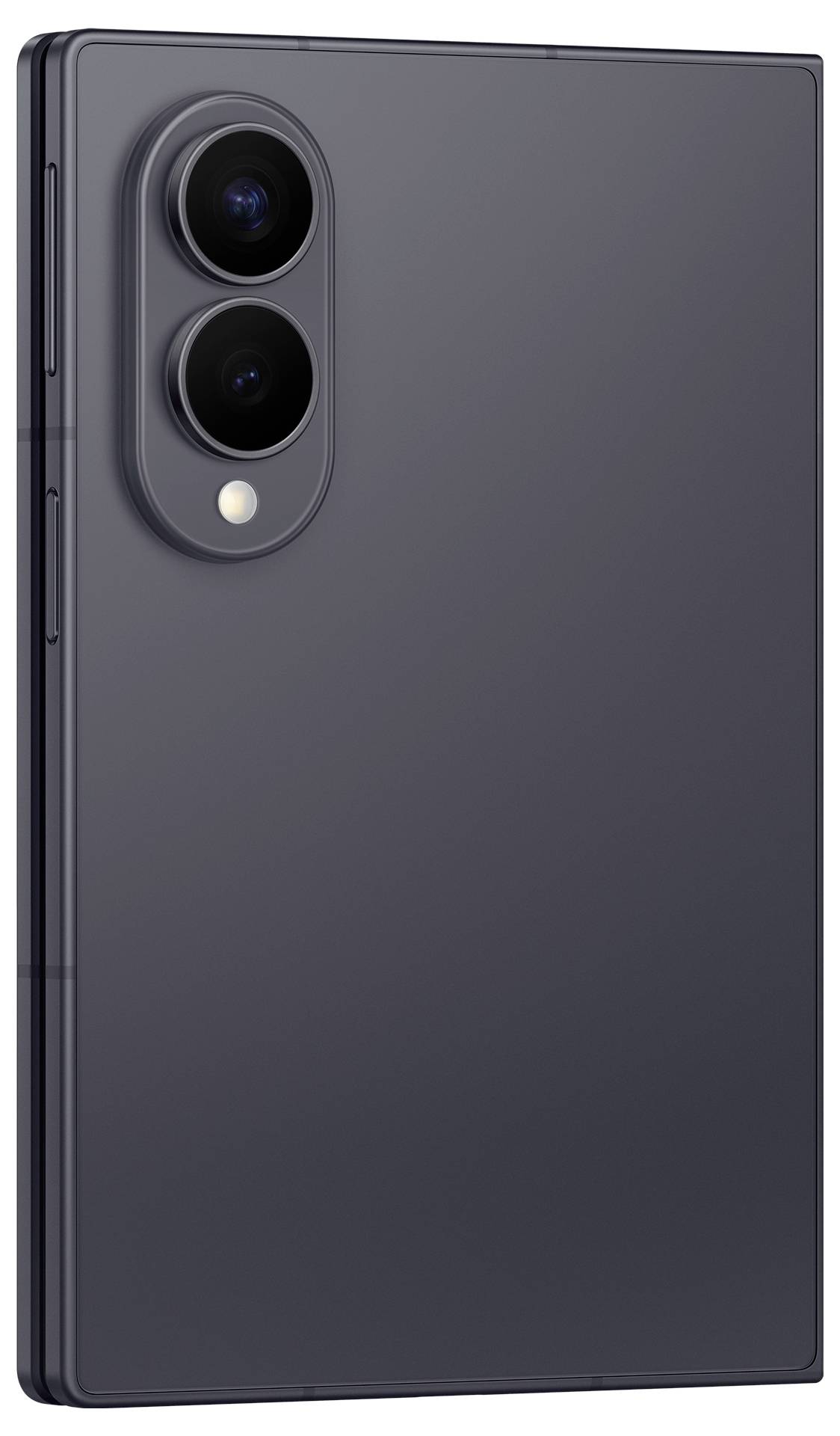 Vue arrière d'un smartphone pliable gris foncé avec un double module caméra arrière et un flash près du coin supérieur gauche.