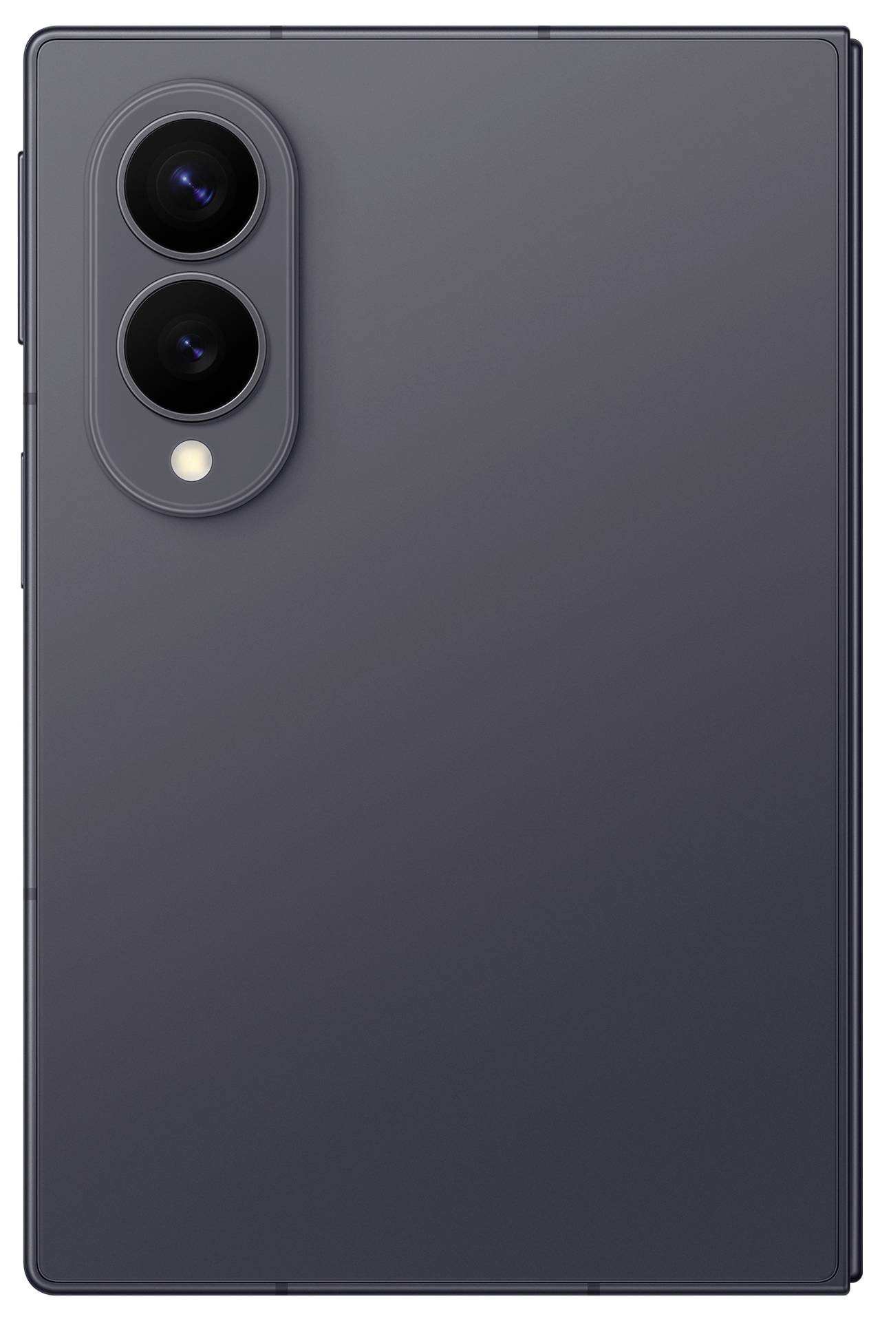 Vue arrière d'un smartphone pliable gris foncé avec des caméras arrière doubles et un flash en haut à gauche.