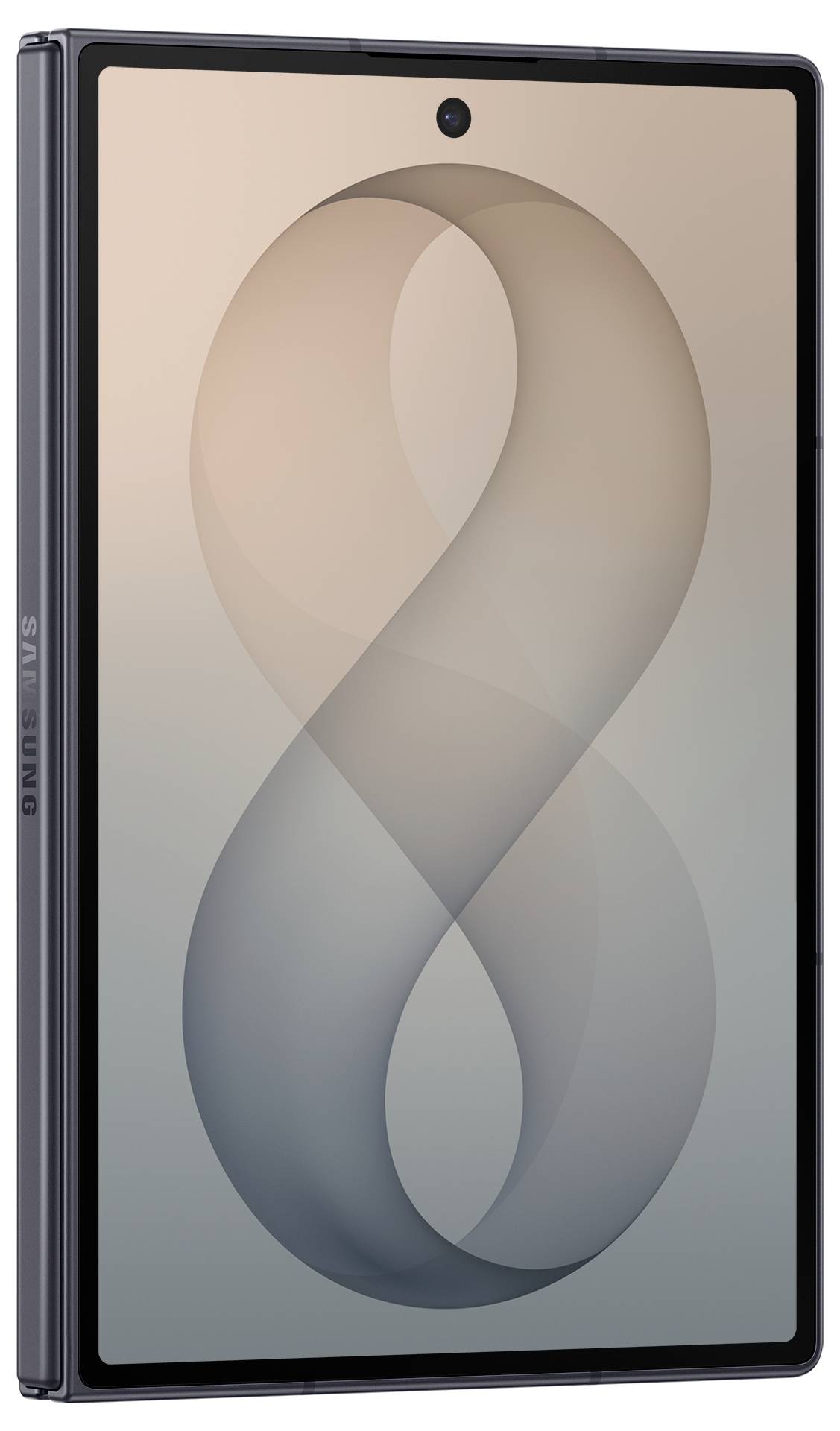 Vue frontale d'un smartphone/tablette pliable affichant un grand fond d'écran avec ruban abstrait et un trou de caméra frontale centré.