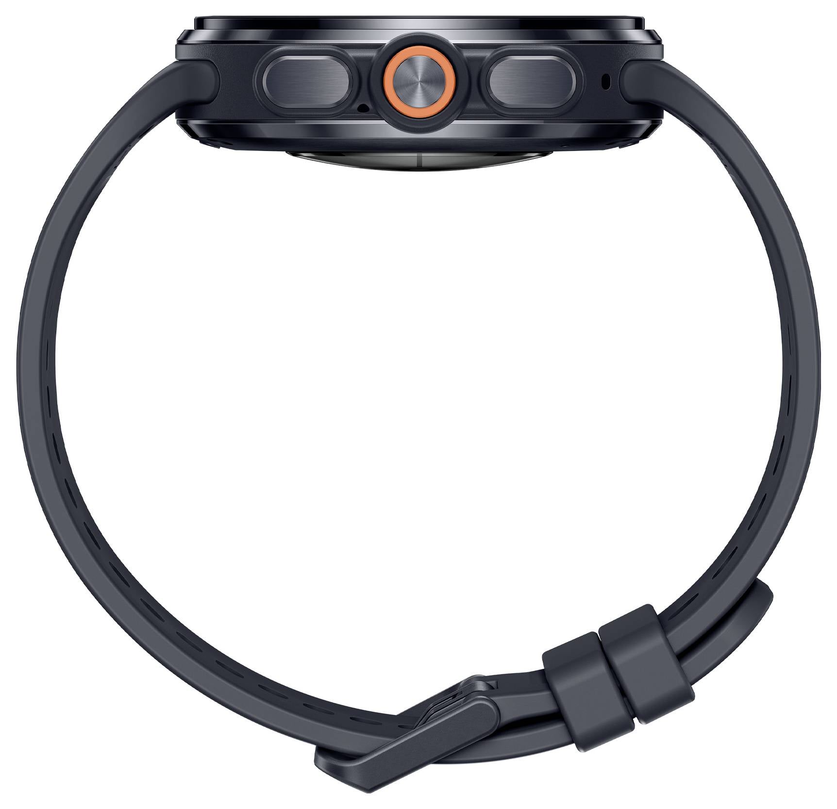 Vue latérale d'une montre intelligente noire avec une couronne orange accentuée et un bracelet en silicone fermé sur un fond blanc.