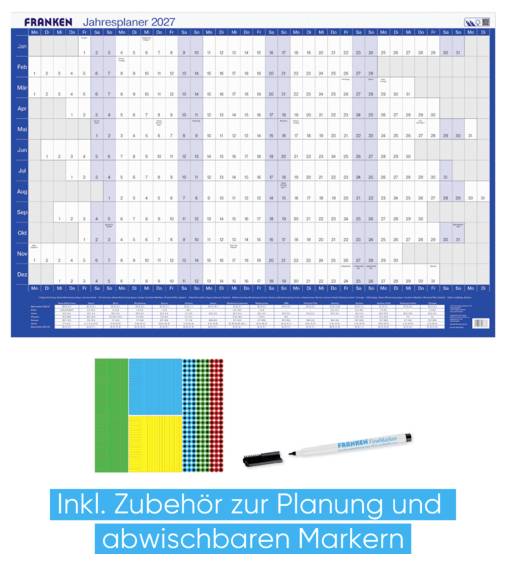 FRANKEN 'Planificateur annuel 2027' tableau de planification annuelle avec rangées mensuelles et un grand marqueur ci-dessous; le texte indique « Incl. accessoires de planification et marqueurs effaçables ».