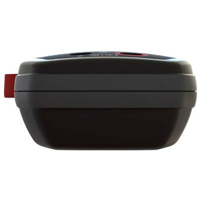 Cuisinière électrique noire avec poignée rouge et cadran de commande supérieur, présentée en vue latérale sur fond blanc.