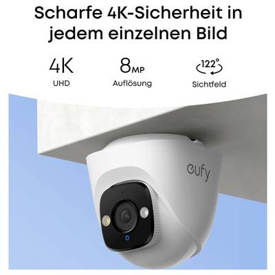 Caméra encastrée au plafond avec texte publicitaire : « Une sécurité 4K nette dans chaque image », 4K UHD, résolution 8 MP et champ de vision de 122°.