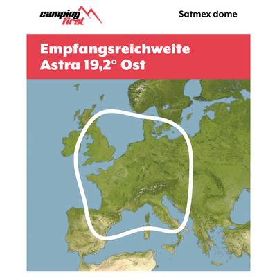 Carte satellite de l'Europe montrant la zone de réception pour « Astra 19,2° Est » délimitée en blanc.
