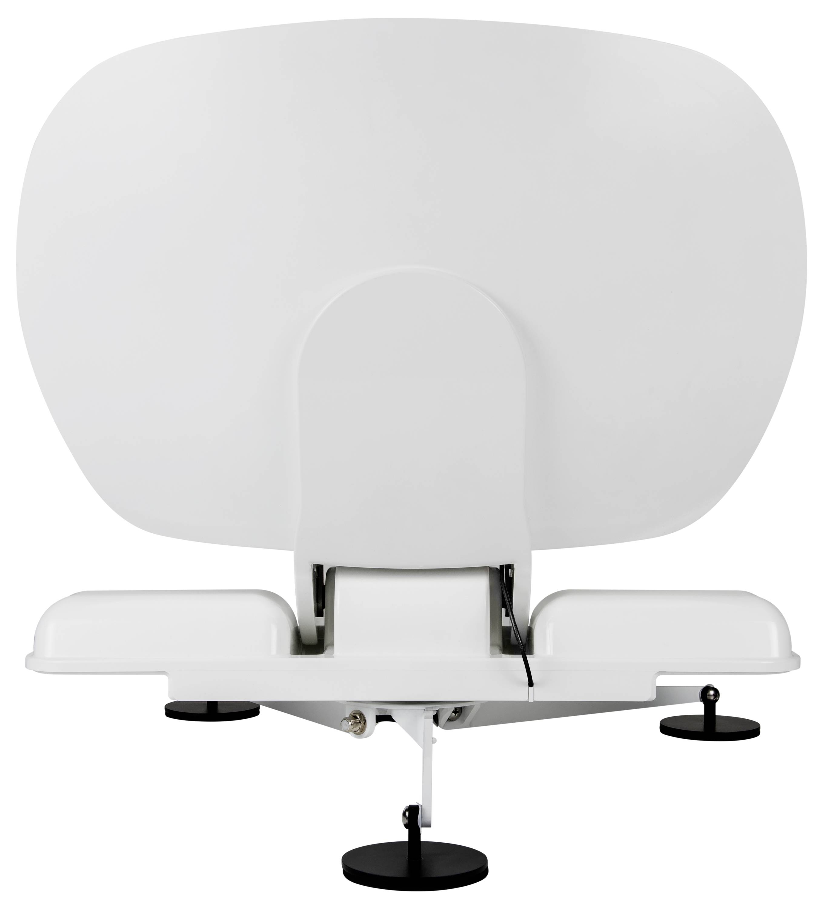 Vue arrière d'une chaise de bureau ergonomique blanche montrant le dossier, la base du siège et le support central.