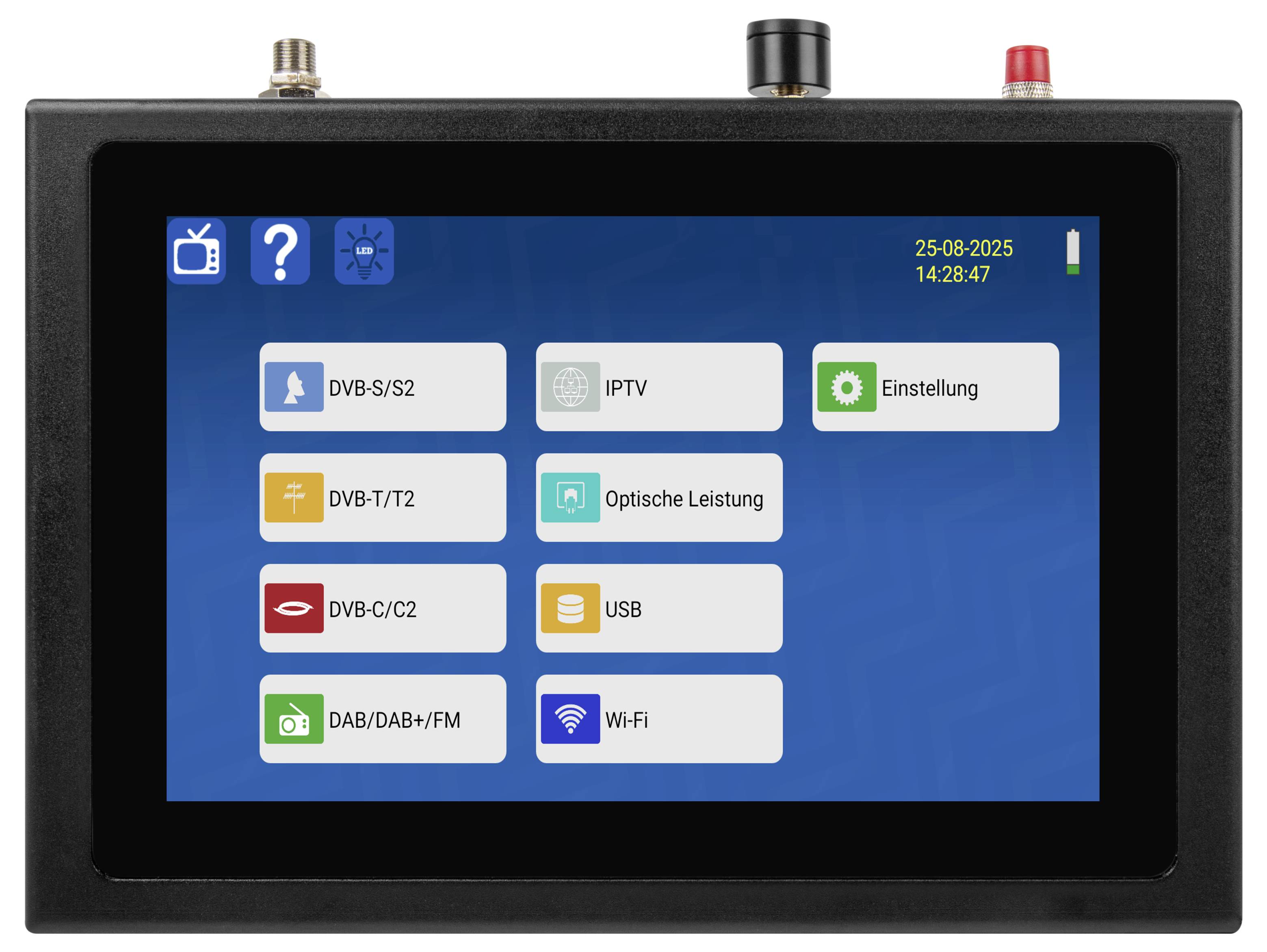 Écran d'appareil portatif affichant un menu principal avec des tuiles sélectionnables pour DVB-S/S2, IPTV, paramètres, DVB-T/T2, performance optique, DVB-C/C2, USB, DAB/DAB+/FM et Wi-Fi.