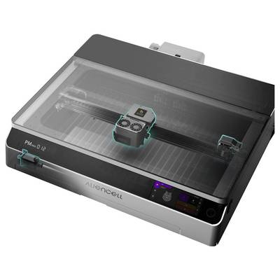 Découpeuse/graveuse laser de bureau avec un couvercle transparent et une pièce à travailler à l'intérieur, présentée dans une vue de style produit.