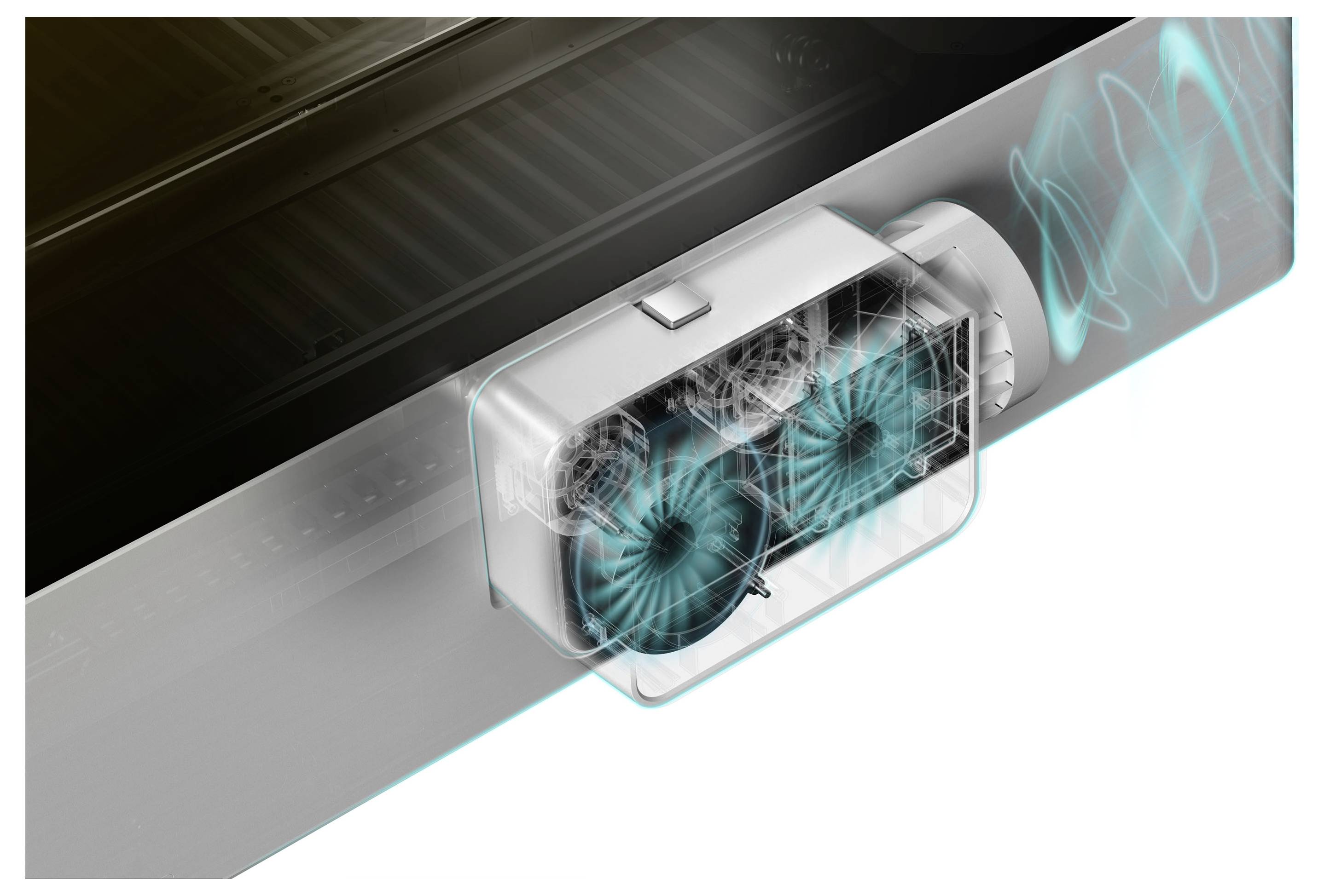 Coupe transversale d'un module de dispositif sur une barre ou un rail, montrant deux ventilateurs lumineux à l'intérieur d'un boîtier métallique, suggérant un refroidissement ou une ventilation.