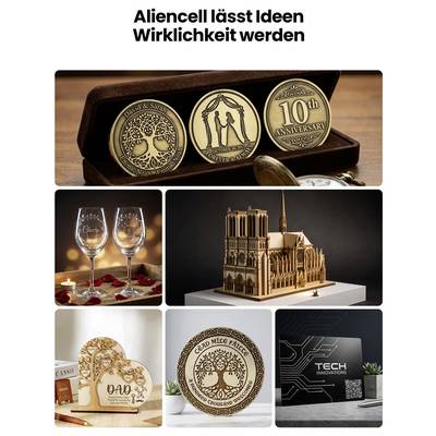 Collage promotionnelle de cadeaux et trophées gravés sur mesure : pièces commémoratives, verres à vin, souvenirs en bois, une maquette de cathédrale, et une plaque « TECH INNOVATIONS », avec le titre « Aliencell transforme les idées en réalité ».