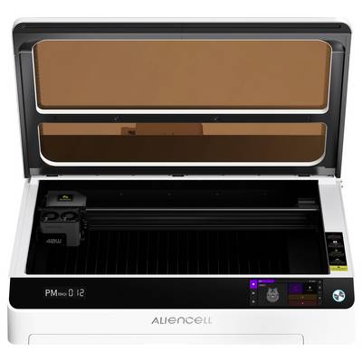Découpeur laser de bureau à couvercle ouvert avec un capot orange transparent, un lit de coupe, un panneau de commande et le marquage « Allencell » visible à l'avant.