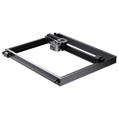 Cadre de machine de style portique rectangulaire noir avec un chariot de tête d'impression mobile, présenté sur un fond blanc.