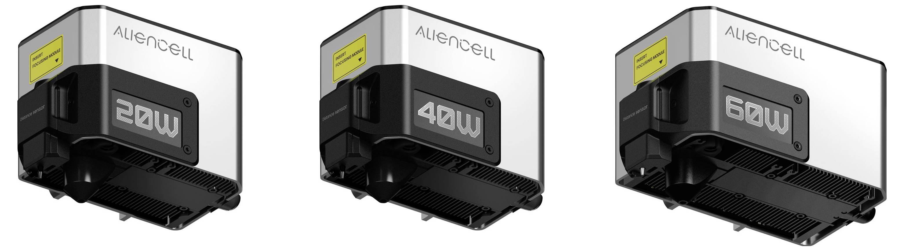 Trois chargeurs de batterie Aliencell présentés côte à côte et étiquetés 20W, 40W et 60W.