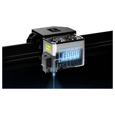 Module laser rendu en 3D sur un système de rail, projetant un faisceau bleu et une grille de balayage sur une surface, suggérant un marquage ou une gravure de précision.
