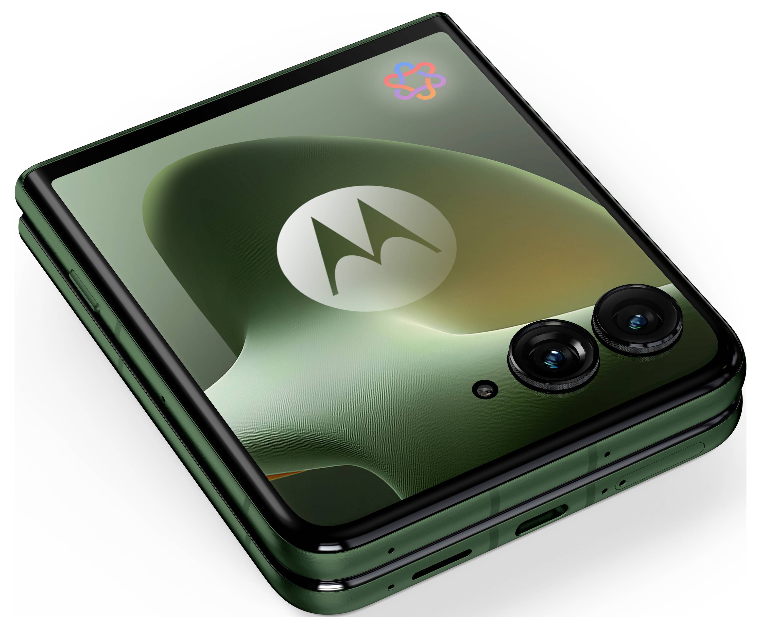 Smartphone pliable Motorola en vert foncé, présenté partiellement ouvert avec des caméras arrière doubles et le logo Motorola affiché à l'écran.