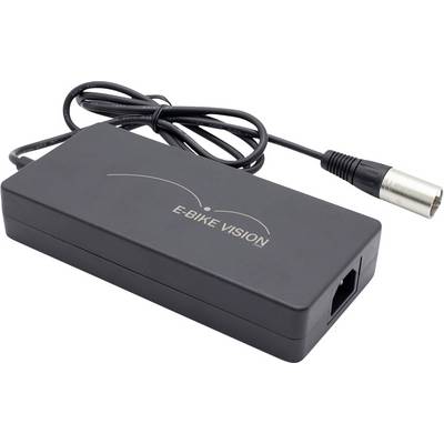 Chargeur de batterie Black E-BIKE VISION avec câble d'alimentation attaché et connecteur à fiche métallique.