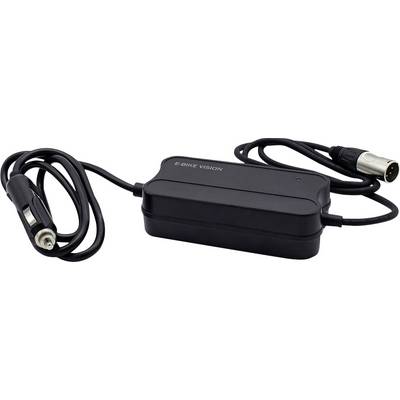 Boîtier adaptateur de batterie Black E-Bike Vision avec câbles attachés et connecteurs ronds, présenté sur un fond blanc.