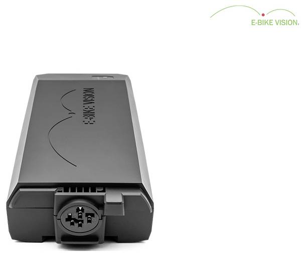 Pack batterie Vision E-Bike noir montré de face sur un fond blanc, avec port de connecteur visible.