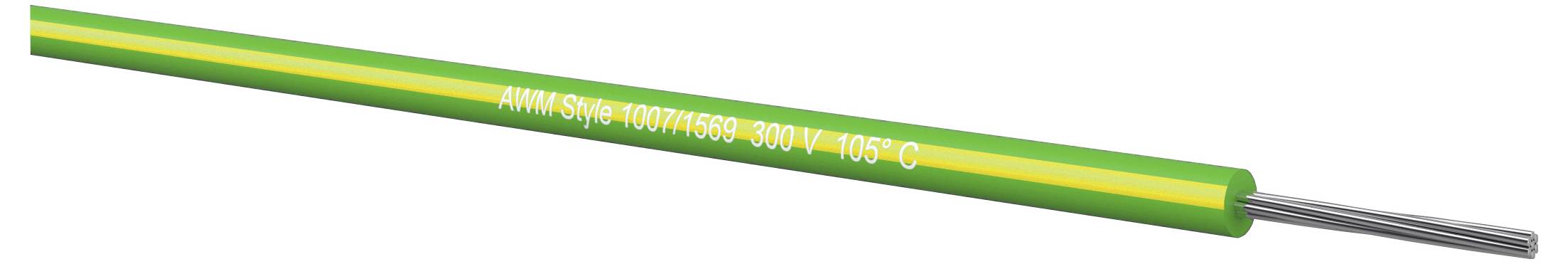 Câble à fibre optique blindé vert étiqueté « AWR Strip 10076-569-300V 105 C » avec des conducteurs argentés exposés à une extrémité.