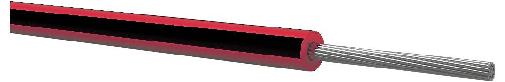 Un câble électrique noir et rouge avec un connecteur rouge exposé à une extrémité et des fils métalliques gris s'étendant de l'autre extrémité.