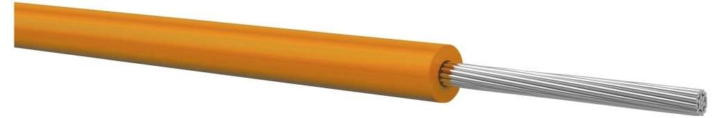 Câble électrique isolé orange avec des fils intérieurs en argent exposés à l'extrémité droite.
