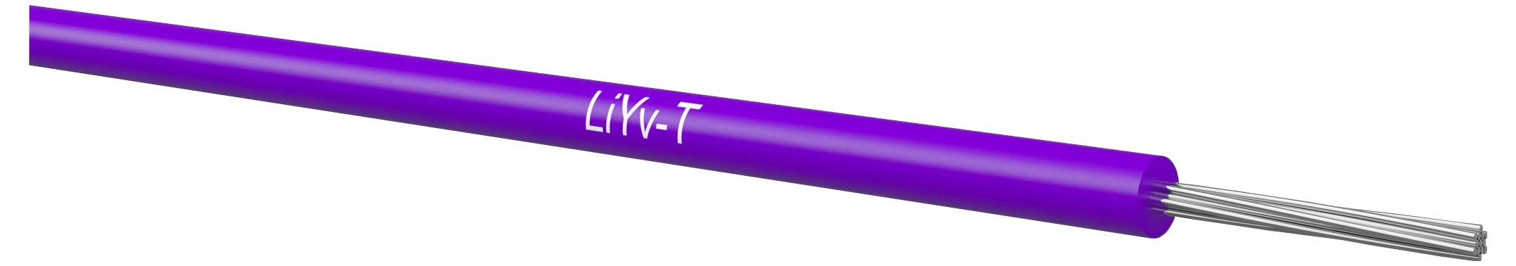 Câble électrique isolé violet étiqueté 'LiV-T' avec des fils d'argent exposés à une extrémité.