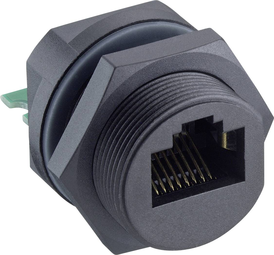Prise Ethernet RJ45 noire à montage en panneau avec boîtier fileté et broches connecteur visibles, présentée sur fond blanc.