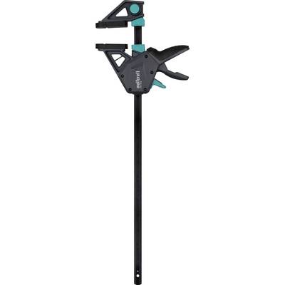 Serre-joint à une main avec cadre noir et bleu-vert, mâchoire coulissante ajustable, et longue barre verticale, présenté en isolation sur un fond blanc.