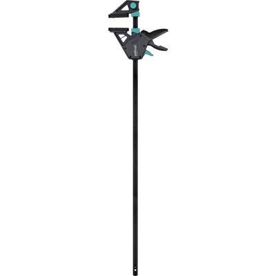 Serre-joint noir avec des accents turquoise et une poignée de type pistolet, présenté verticalement sur un fond blanc.