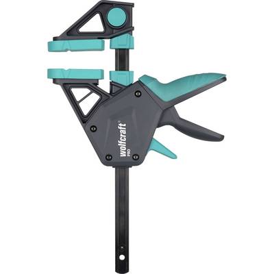 Serre-joint de style C Wolfcraft Pro, outil à main avec mâchoires et poignée bleu-vert et noir, présenté isolé sur fond blanc.