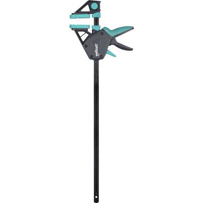 Serre-joint de type étau avec mâchoires bleu-vert et noir et tige longue noire, utilisé pour maintenir fermement les matériaux en place lors de l'assemblage ou du travail du bois.