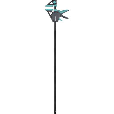 Une serre-joint noire et bleu-vert avec une longue tige métallique verticale, une poignée à vis et une mâchoire de serrage, présentée sur un fond blanc.