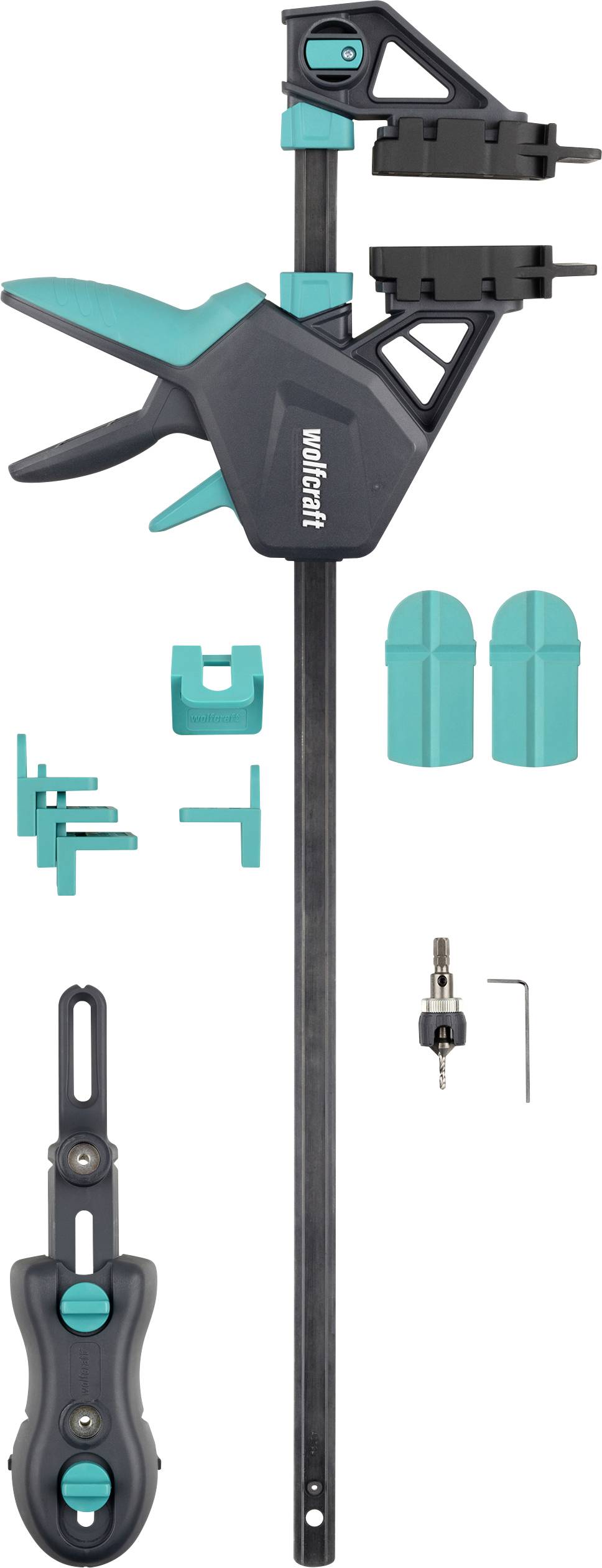 Pince noire et bleu-vert avec rail, supports coulissants, pièces d'accessoires et poignée, présentée comme une vue éclatée d'un produit d'un outil ou d'un système de montage.