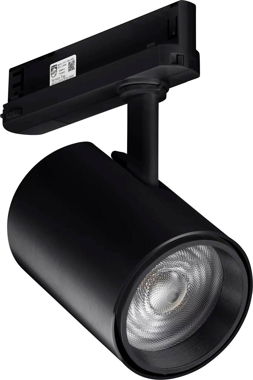 Projecteur sur rail ajustable noir avec tête cylindrique et adaptateur de rail monté sur fond blanc.
