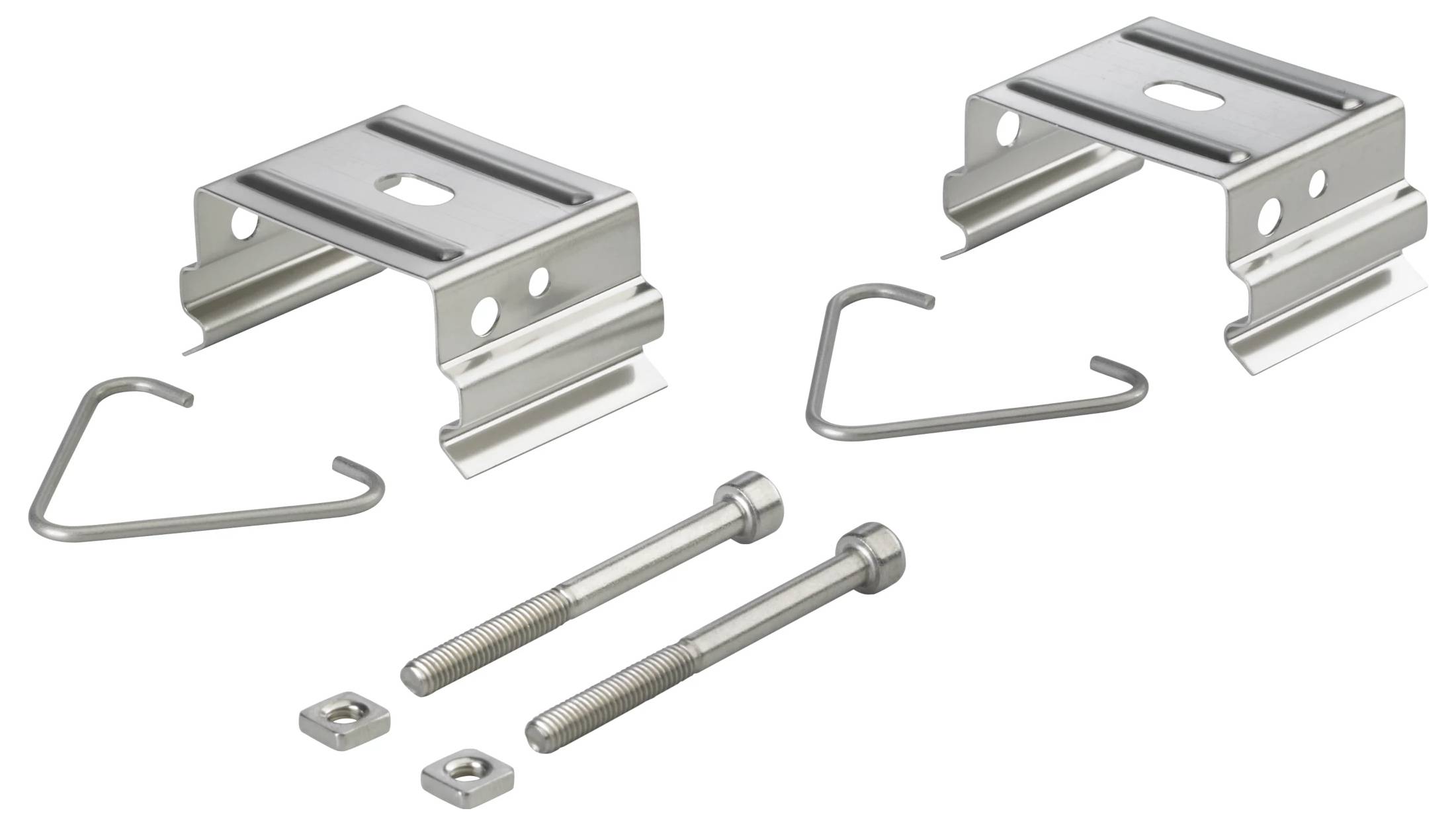 Kit de support de montage en métal avec deux supports, deux boulons, deux écrous et deux pinces à fil sur un fond blanc.