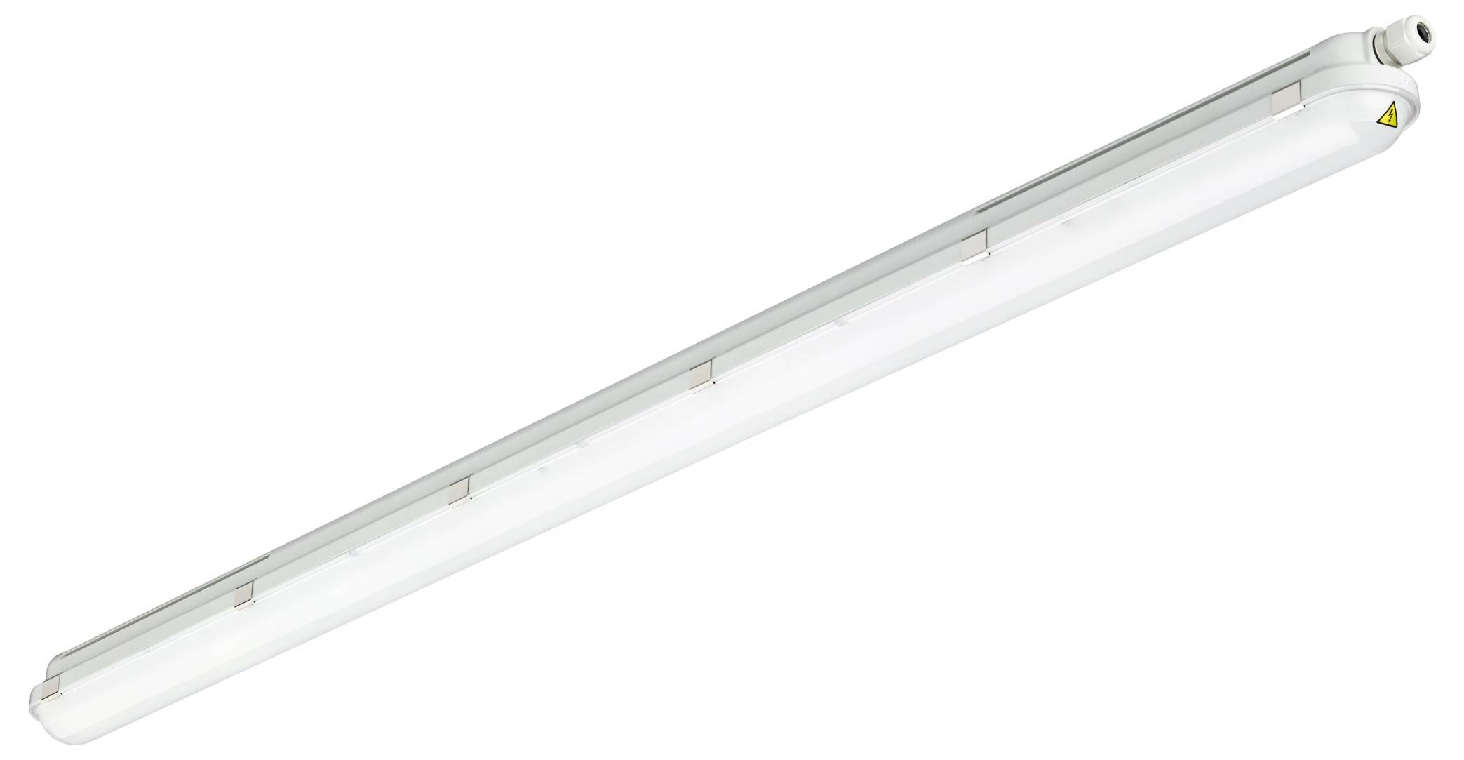 Un long luminaire à tube fluorescent avec un diffuseur blanc translucide, montré en diagonale sur un fond uni.